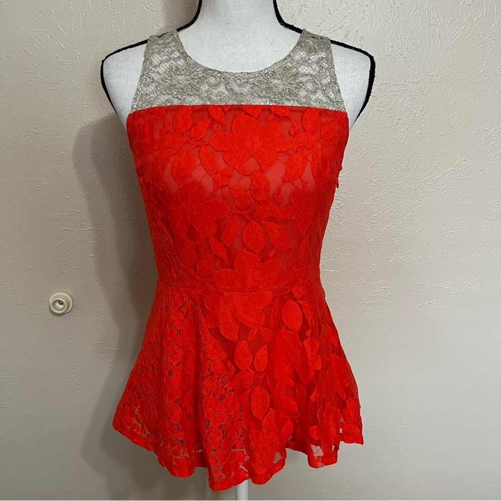 Moulinette Soeurs Anthropologie Glitzen Orange Lace Metallic Blouse Women Size 4